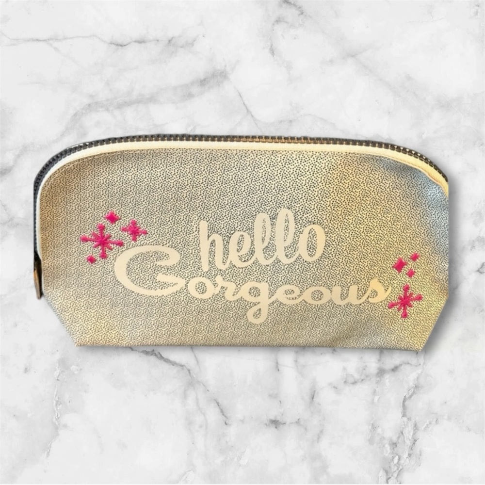 Benefit Cosmetics dome cosmetic bag “Hello Gorgeous” hot pink lining 11X6 inch